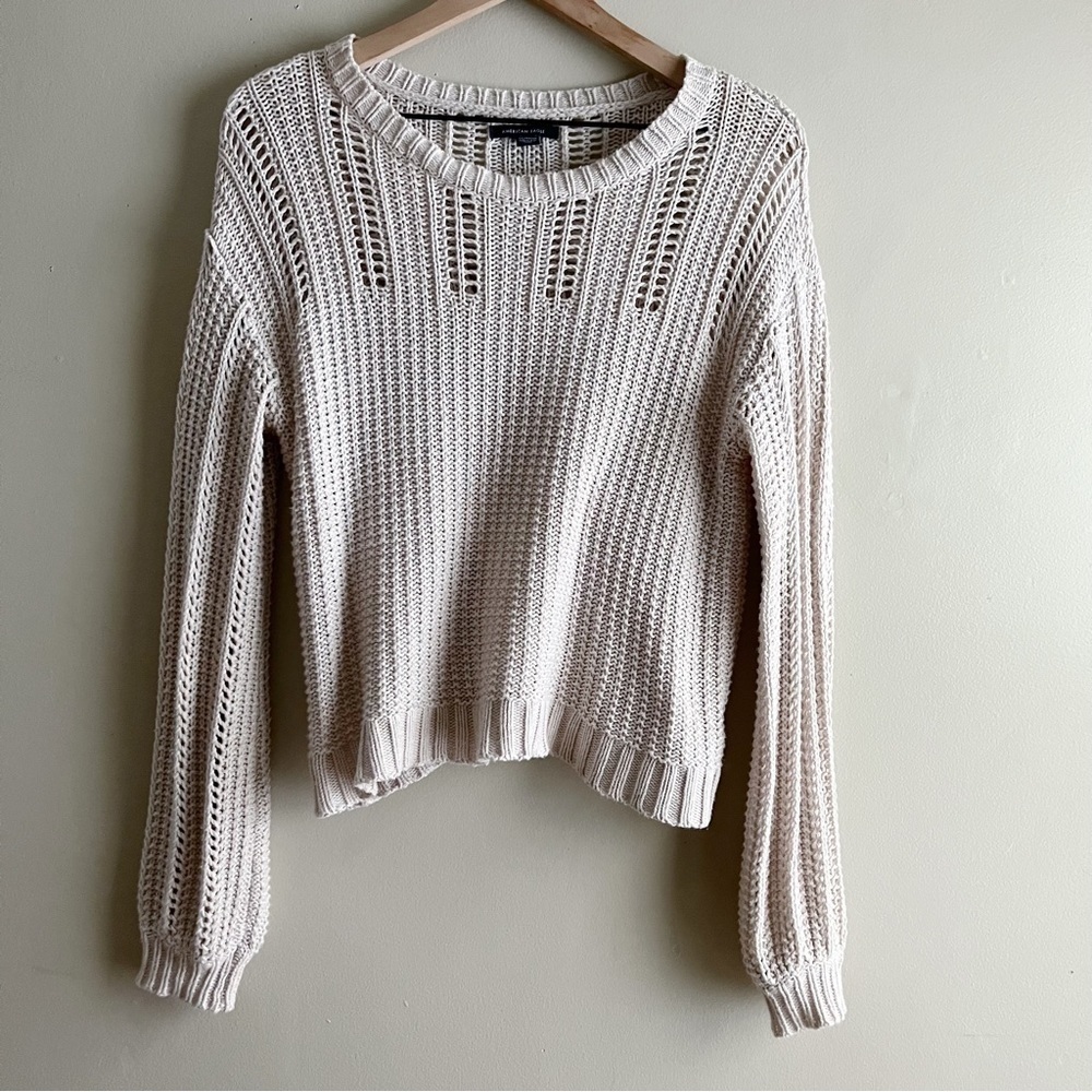 American Eagle • Crochet Knit Sweater in‎ Natural, Balloon Sleeves, Size XS